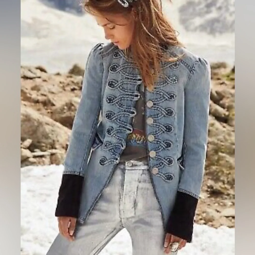 Free People Light Blue Denim Military-Style Jacket with Dark Charcoal Trim - Picture 2 of 6